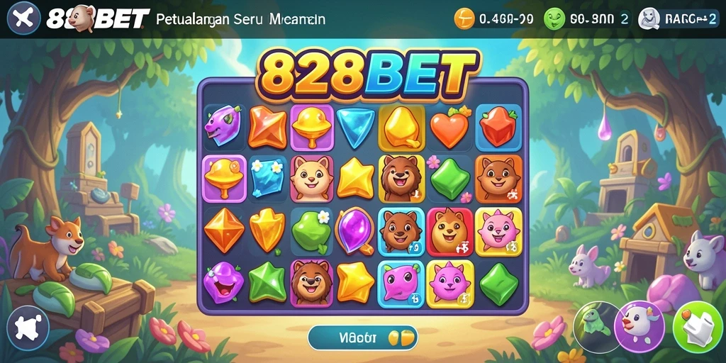 Tampilan gameplay menarik dari 828BET menunjukkan level Match-3 yang penuh warna.