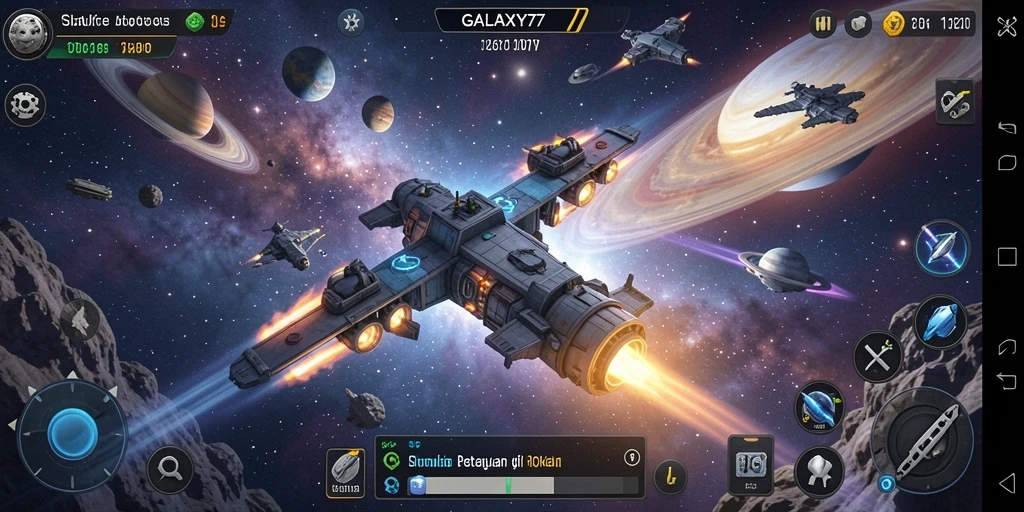 Tangkapan layar gameplay yang menampilkan eksplorasi luar angkasa di GALAXY77.