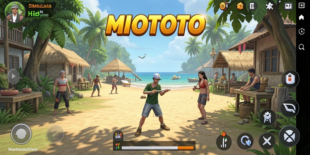 Tampilan gameplay MIOTOTO yang menunjukkan interaksi karakter di dunia simulasi.