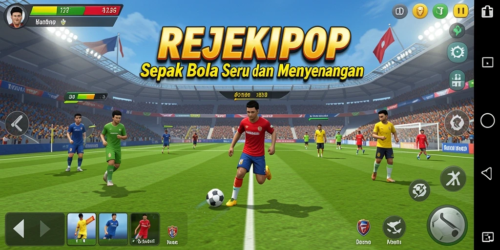 Tampilan gameplay seru dari REJEKIPOP dalam pertandingan sepak bola.