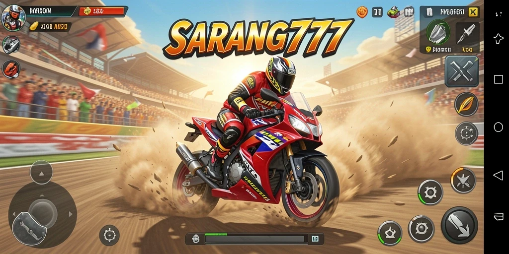 Screenshot SARANG777 menampilkan balapan motor yang mendebarkan dengan trek yang dinamis.