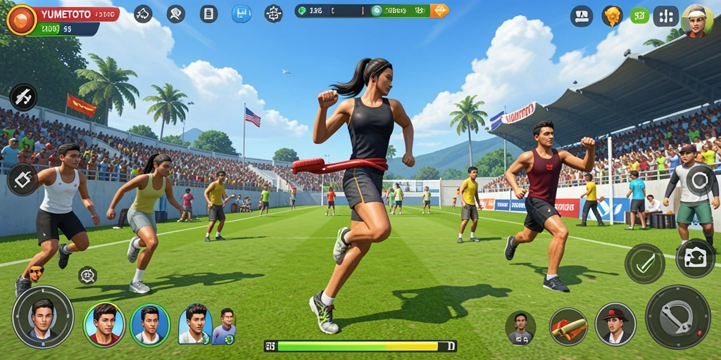 Tampilan gameplay seru di YUMETOTO yang memungkinkan Anda merasakan kompetisi olahraga.